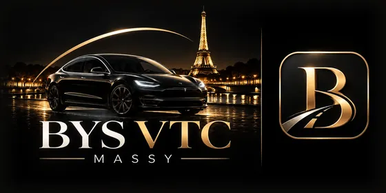 VTC Massy : le logo BYS VTC, la Tesla Model 3 noire de face devant la tour Eiffel